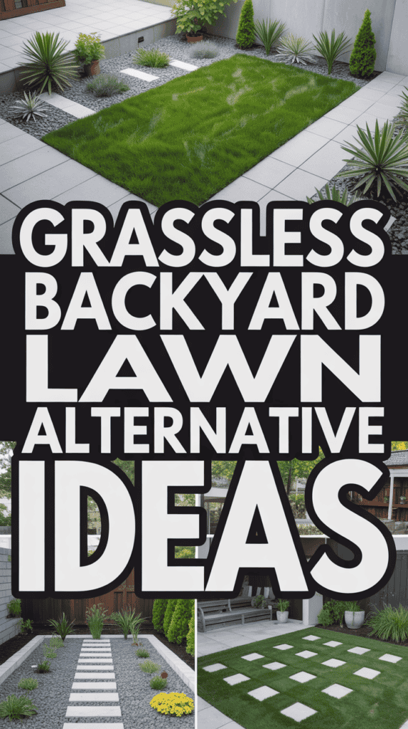 Modern backyard designs with stone pathways and plant borders, featuring text: "Grassless Backyard Lawn Alternative Ideas."