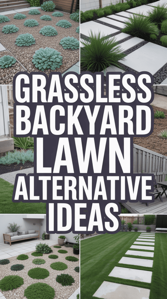 Collage of grassless backyard designs featuring succulents, gravel, stepping stones, and modern landscaping elements.