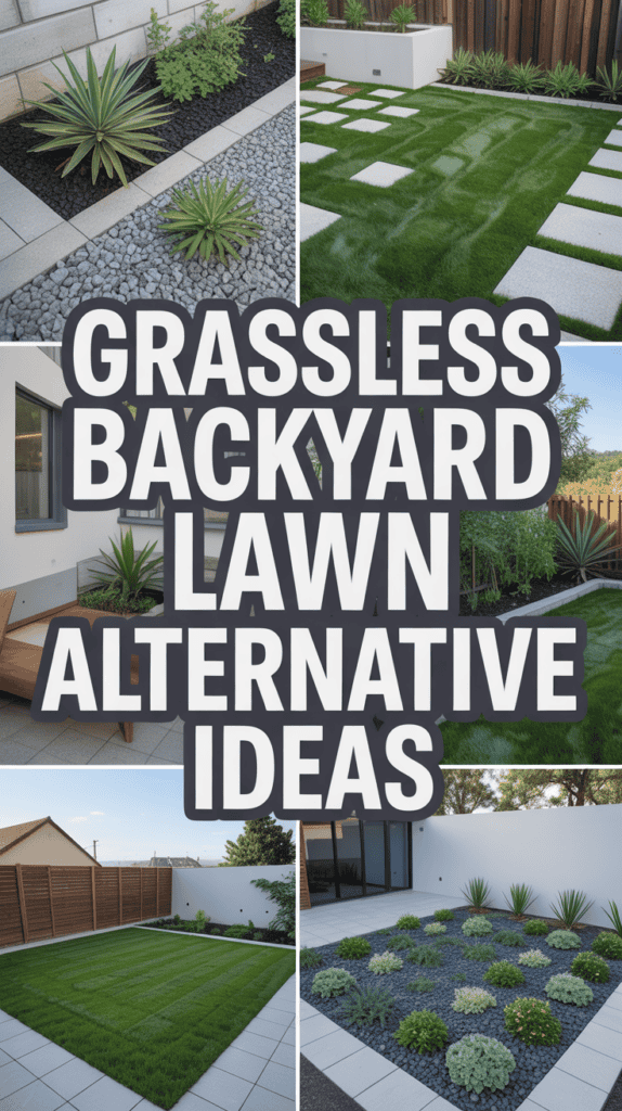 Collage of grassless backyard designs featuring various plants, stepping stones, gravel, and modern landscaping elements.