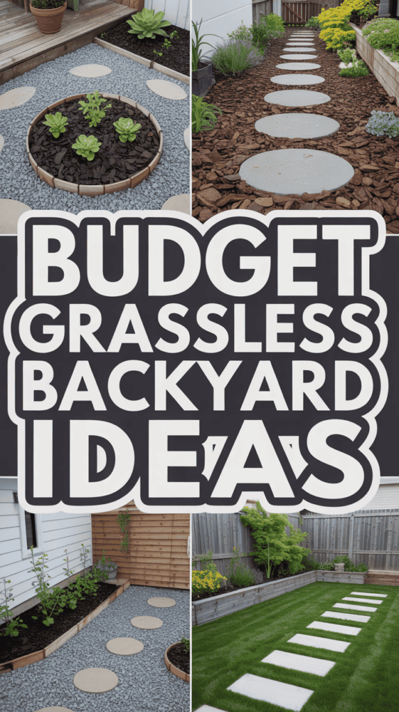 Collage of backyard designs featuring gravel paths, mulch, plants, and stepping stones with the text "Budget Grassless Backyard Ideas."