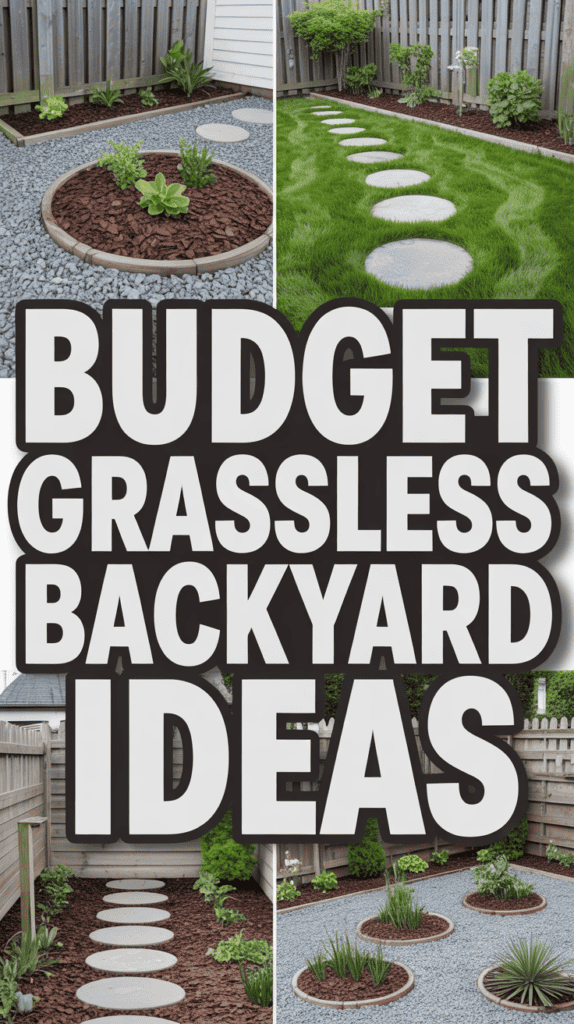Collage of budget-friendly grassless backyard designs with stepping stones and mulch accents.