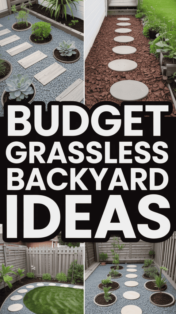 Collage showcasing various budget-friendly, grassless backyard designs featuring stepping stones and diverse plant arrangements.