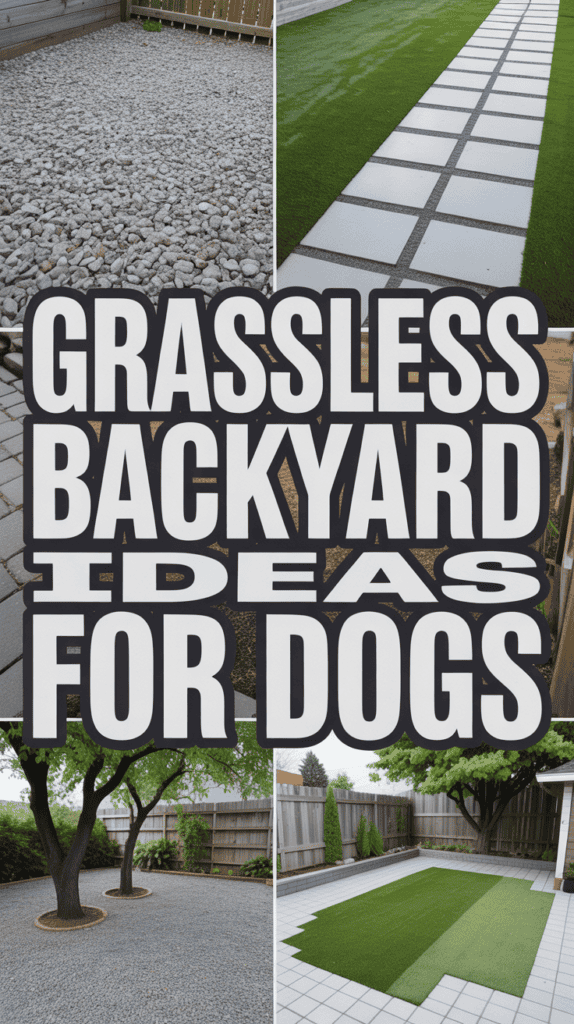 Collage of grassless backyard ideas for dogs featuring gravel, artificial turf, paving stones, and minimalist landscaping.