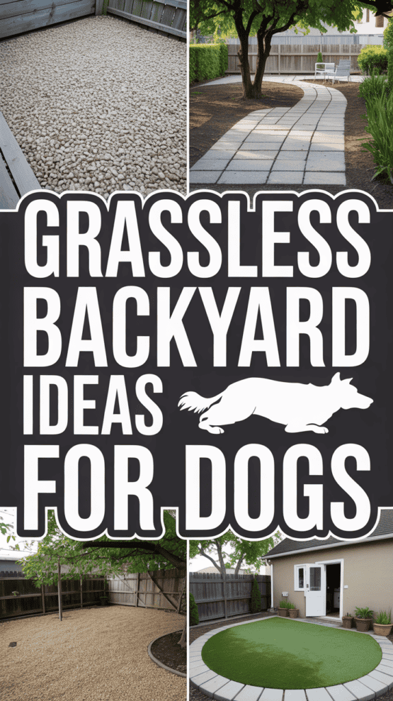 Collage of grassless backyard ideas for dogs, featuring gravel, pavers, and artificial turf setups.