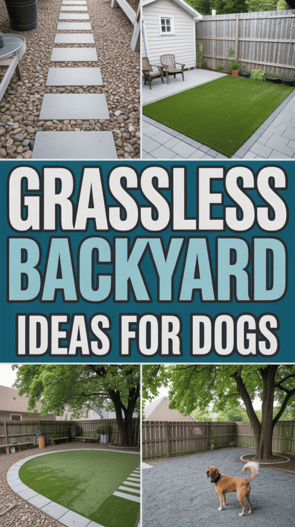 Collage of dog-friendly backyard ideas, featuring stepping stones, artificial turf, and a dog walking on gravel.