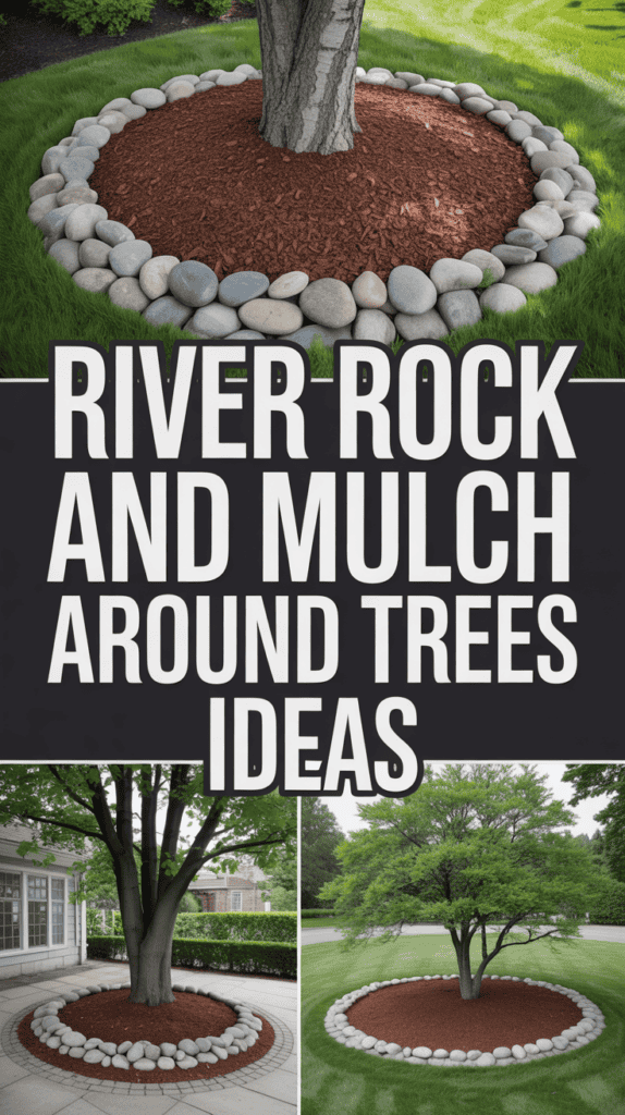 Tree bases with river rock and mulch arrangements, set in well-manicured lawns.