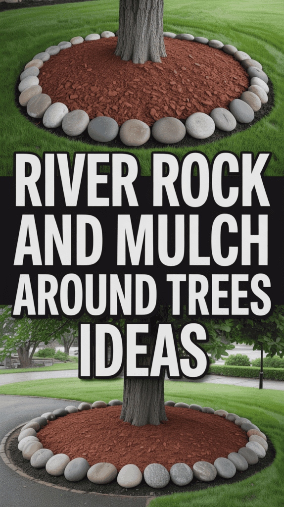 Tree surrounded by red mulch and a circle of smooth river rocks on grass, with text "River Rock and Mulch Around Trees Ideas."