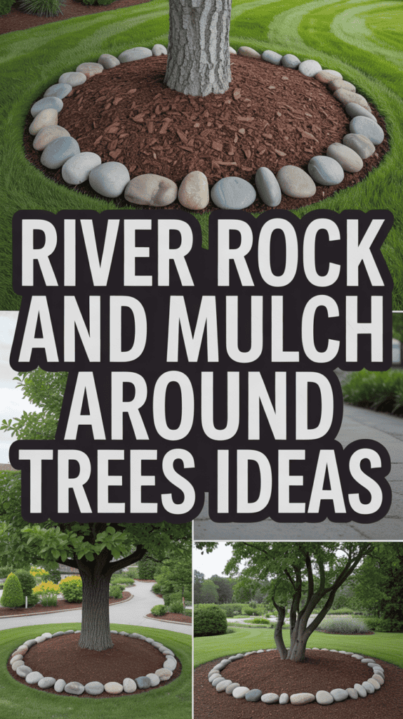 Ideas for using river rock and mulch around trees, featuring three tree bases with decorative stones and mulch.