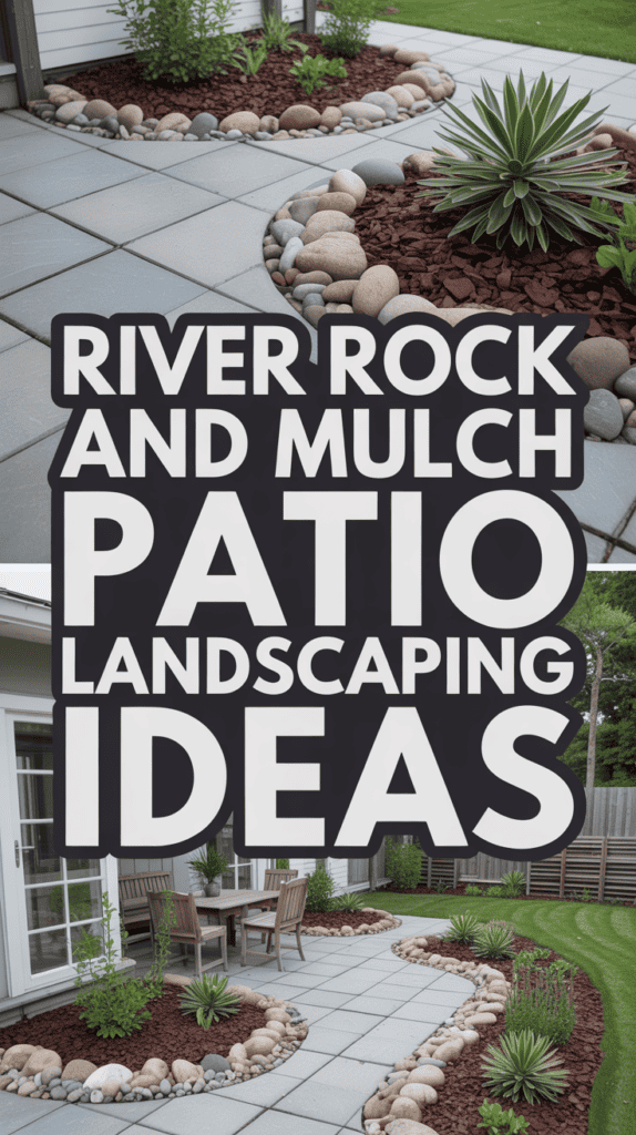 Landscaping ideas with river rocks, mulch, and patio featuring outdoor furniture and garden plants.
