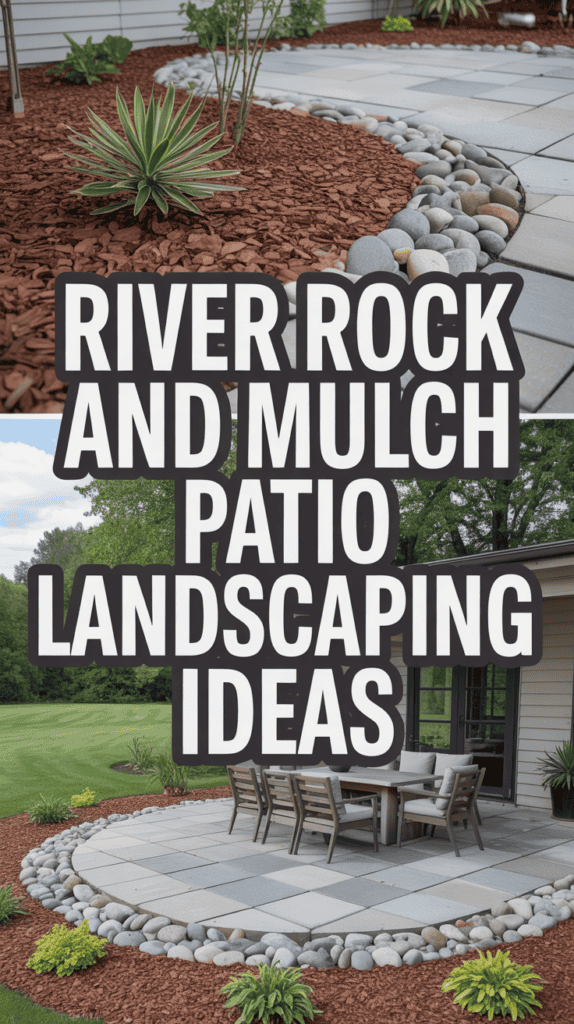 Patio with chairs surrounded by river rocks, mulch, and greenery, featuring text: "River Rock and Mulch Patio Landscaping Ideas".