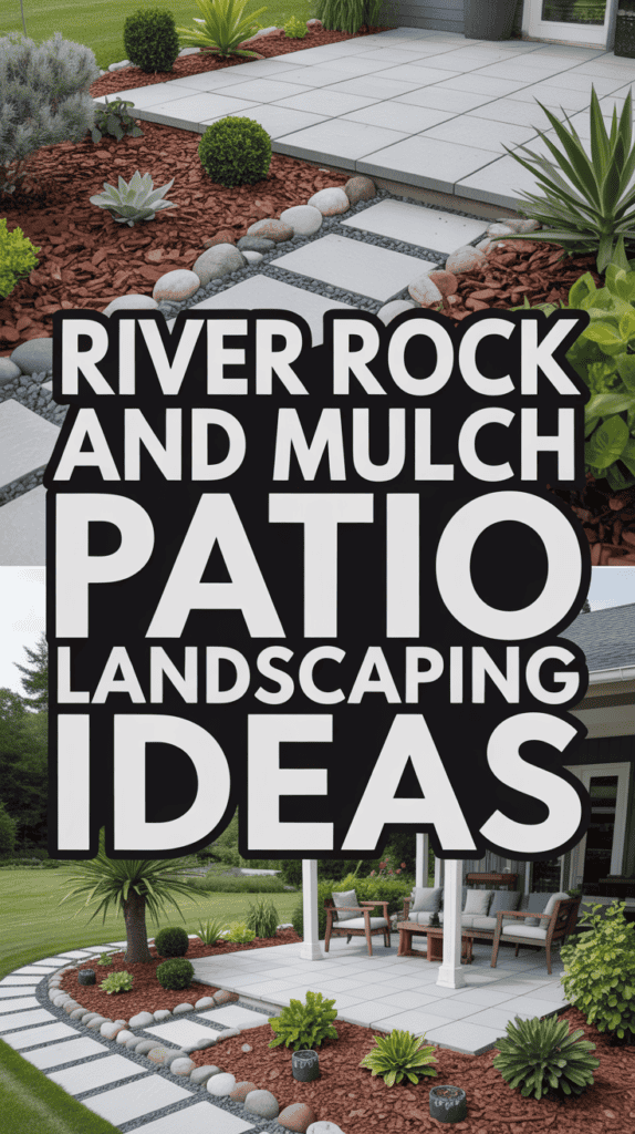 A neatly landscaped patio with river rock, mulch, various plants, and outdoor seating, featuring text about patio landscaping ideas.