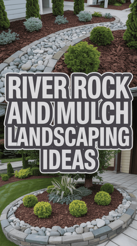 Text overlay reads "River Rock and Mulch Landscaping Ideas" with images of garden beds featuring river rocks, mulch, and greenery.