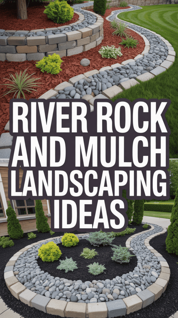 Landscaping with river rocks and mulch, featuring curved garden beds and decorative stones surrounded by neatly trimmed greenery.