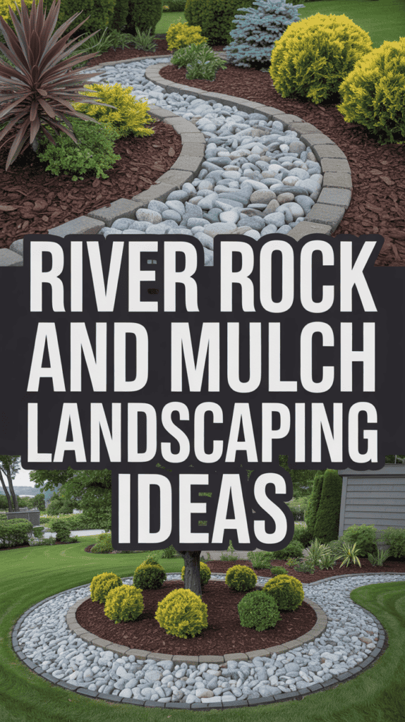 Landscaped garden featuring a curved stone pathway and mulch, with green shrubs and plants.