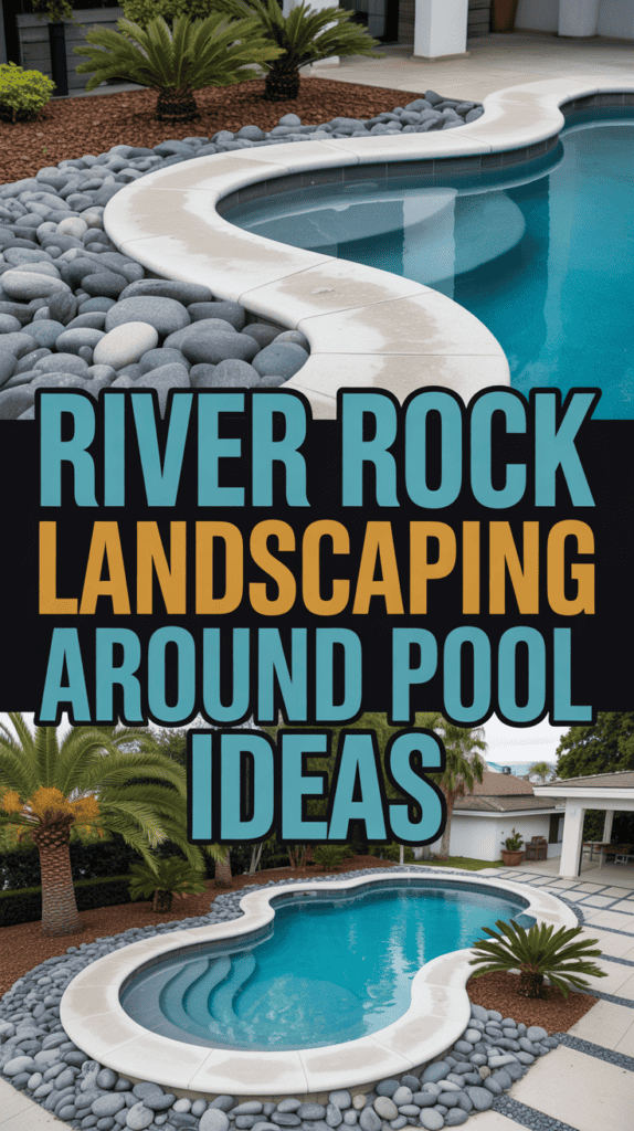 Swimming pool surrounded by river rock landscaping, with palm trees and contemporary design elements.