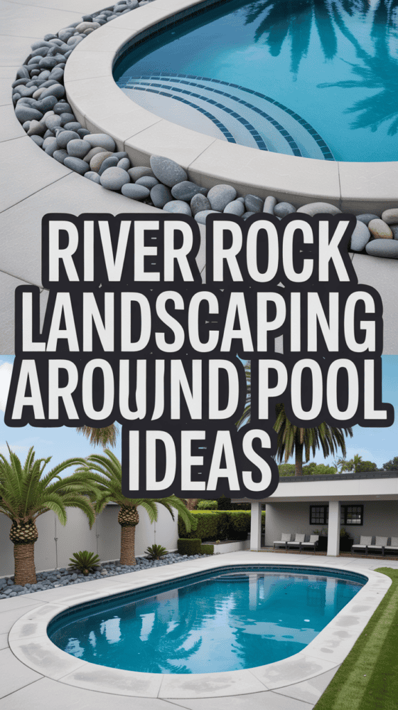 A modern pool with river rock edging and palm trees, surrounded by a neatly landscaped garden.