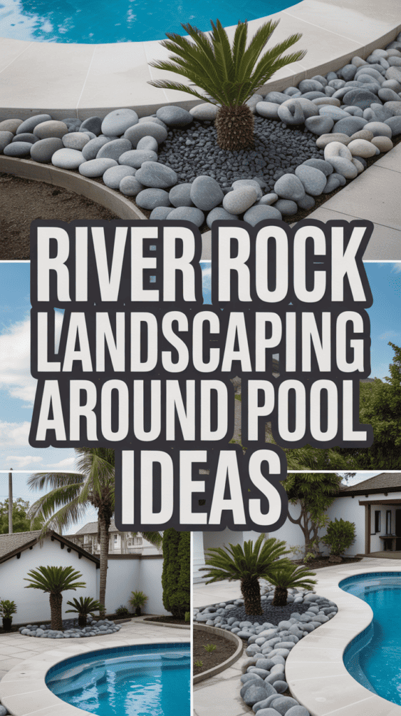 Collage of poolside landscaping with river rocks, palm trees, and modern designs.