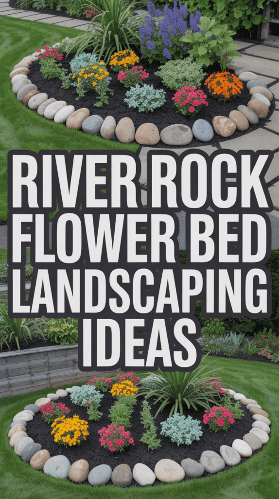 Circular flower beds with colorful plants surrounded by river rocks, featuring text: "River Rock Flower Bed Landscaping Ideas."
