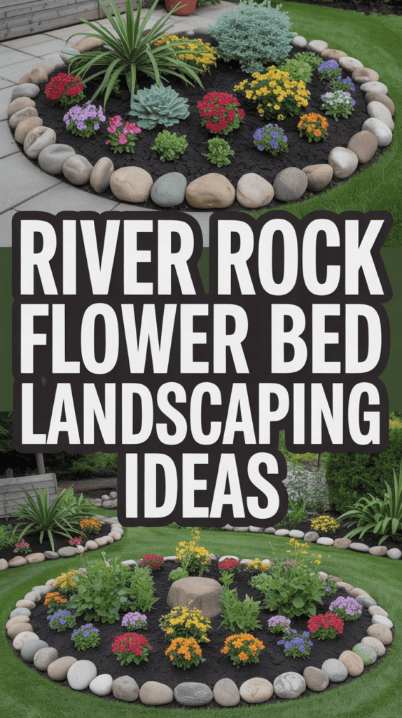 Circular flower beds with colorful flowers and stones border, showcasing landscaping ideas.