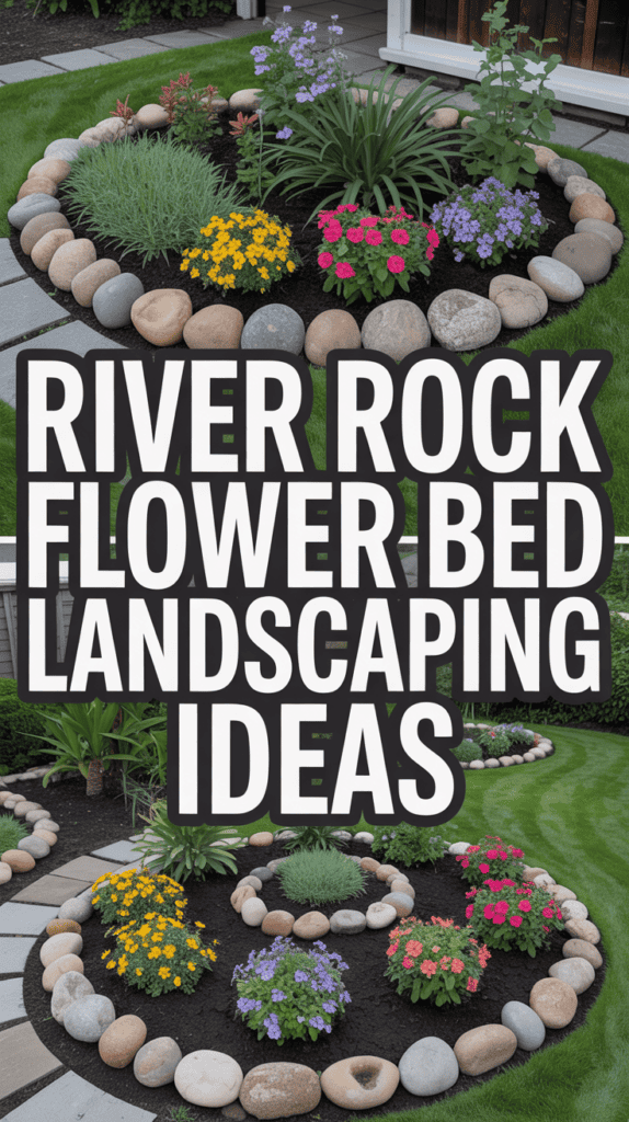 Circular flower beds accented with river rocks, featuring colorful blooms like daisies and geraniums, set in a landscaped garden.