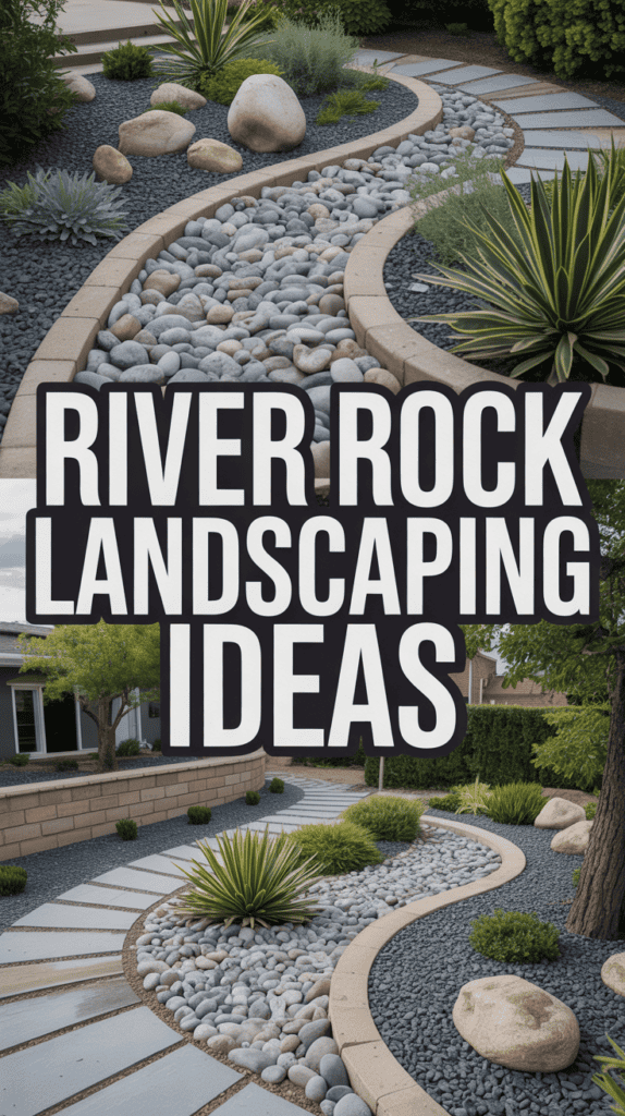 Landscaping design featuring river rocks, accent plants, and curved stone pathways.