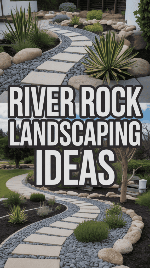 River rock landscaping with curving stone paths, surrounded by various succulents and shrubs.