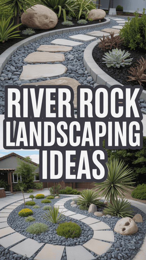 Garden pathway with large rocks, river stones, and desert plants, featuring text: "River Rock Landscaping Ideas."