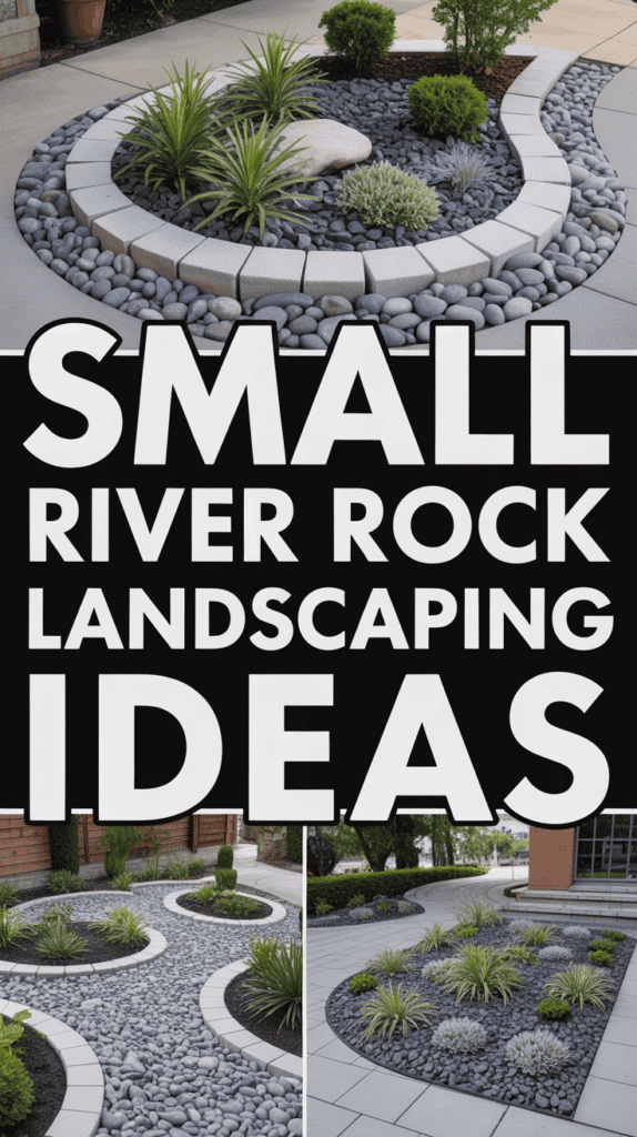 A landscaped garden with circular plant beds of small shrubs surrounded by gray river rocks and gray pavers.