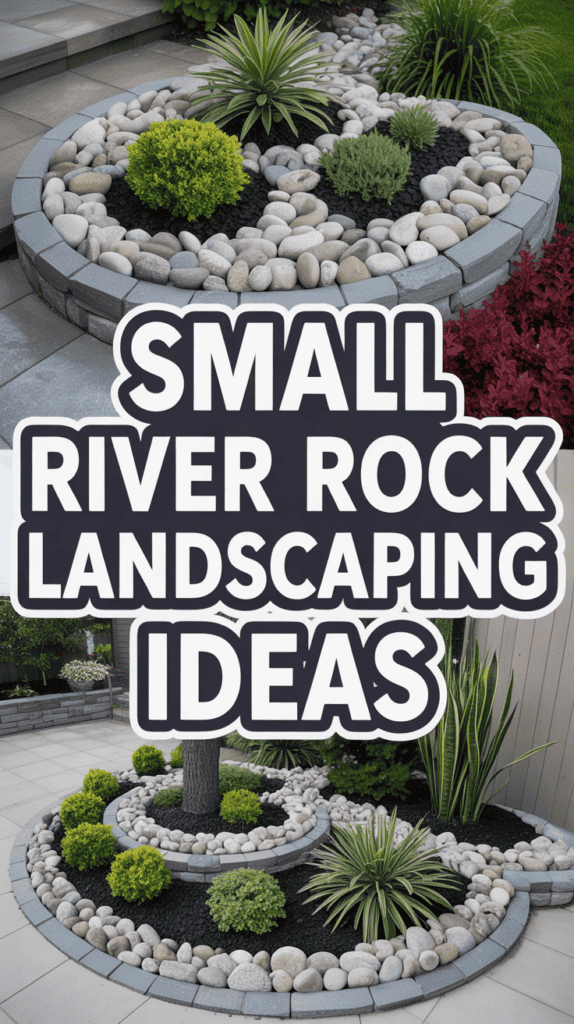 Decorative garden design featuring small river rocks, green shrubs, and various plants in a circular stone border.