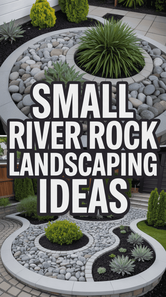 Two landscaped garden designs featuring river rocks, green plants, and curved stone borders; text reads, "Small River Rock Landscaping Ideas."
