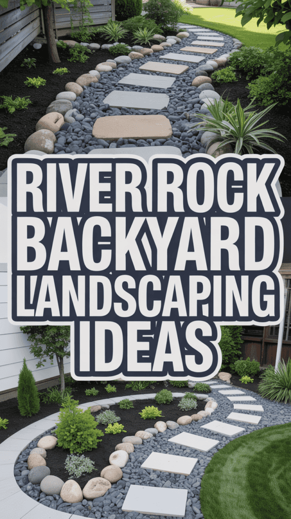 Text reads "River Rock Backyard Landscaping Ideas" over a landscaped path with stepping stones and surrounding greenery.
