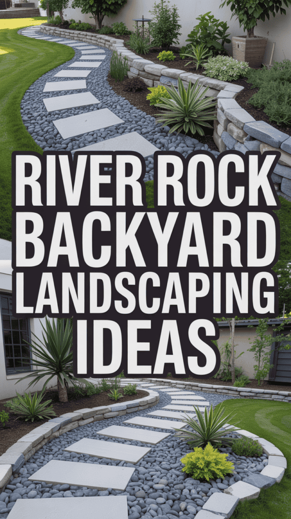 Text reading "River Rock Backyard Landscaping Ideas" over an image of a garden path with pavers, river rocks, and greenery.