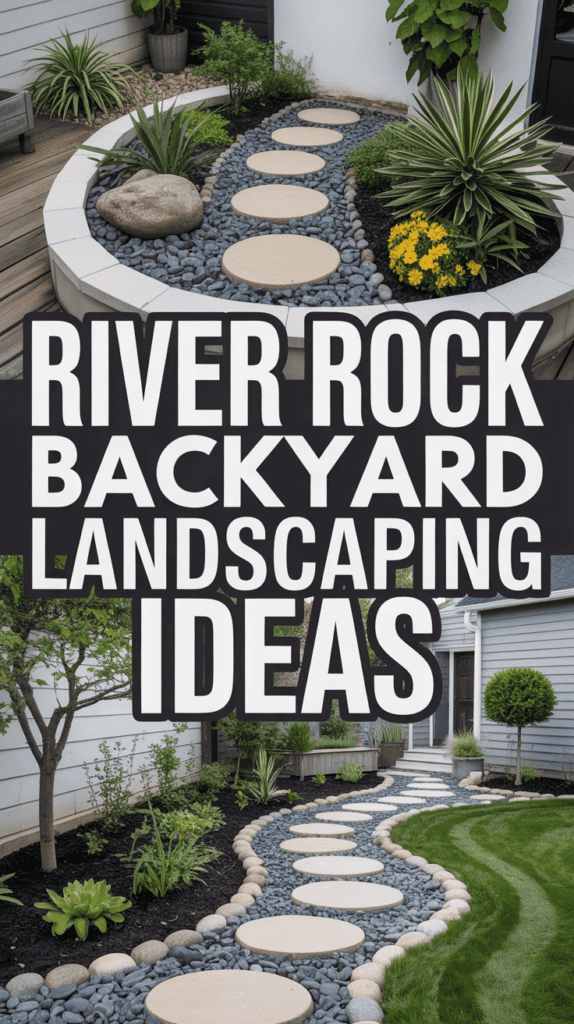 Round stepping stones surrounded by river rocks in a landscaped backyard, featuring various shrubs and plants.