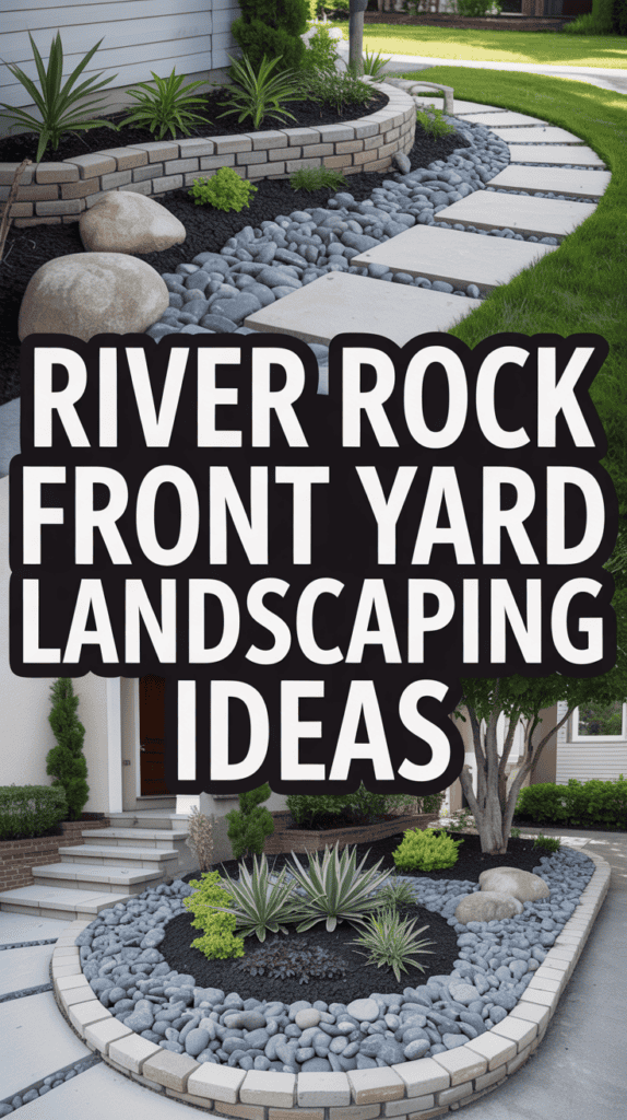 Front yard landscaping with river rocks, large stepping stones, and neatly trimmed plants and shrubs.