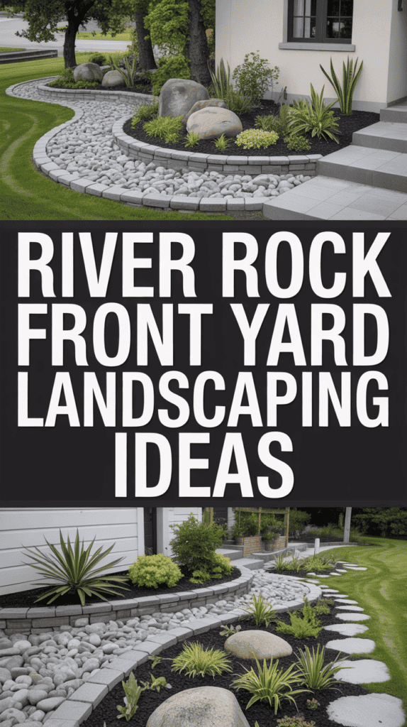 Front yard with river rock landscaping featuring curved paths, large stones, and various green plants.