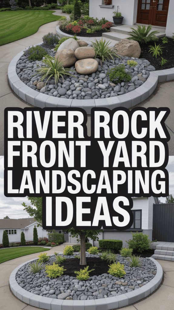 A front yard with river rock landscaping, featuring various plants and a clean, modern look.