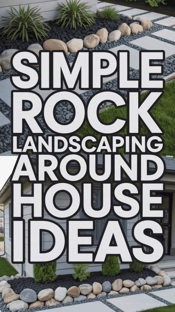 Simple rock landscaping with large stones and black gravel around a house.