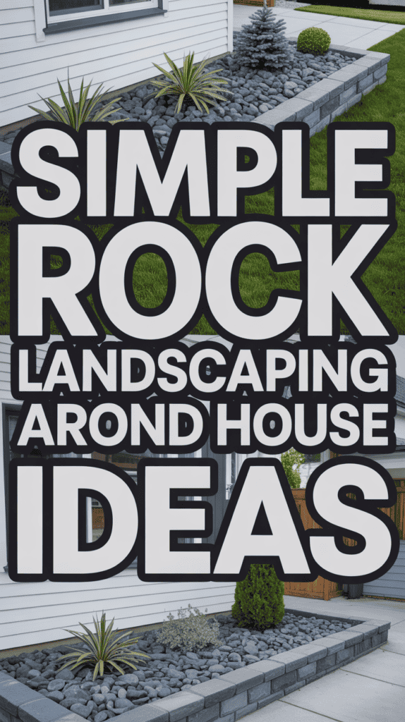 Rock landscaping edging a house with dark stones, plants, and greenery, featuring large text promoting "Simple Rock Landscaping Ideas."