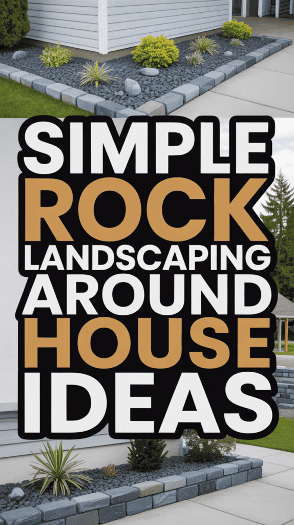 Rock garden landscaping with small shrubs and layered gray stones near a house's exterior.