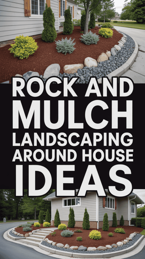 Rock and mulch landscaping around a house with shrubs and decorative stones.