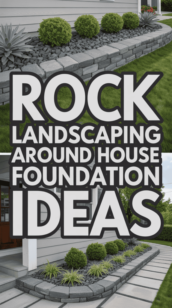 Text reads "Rock Landscaping Around House Foundation Ideas" over images of house foundations with rock and plant landscaping.
