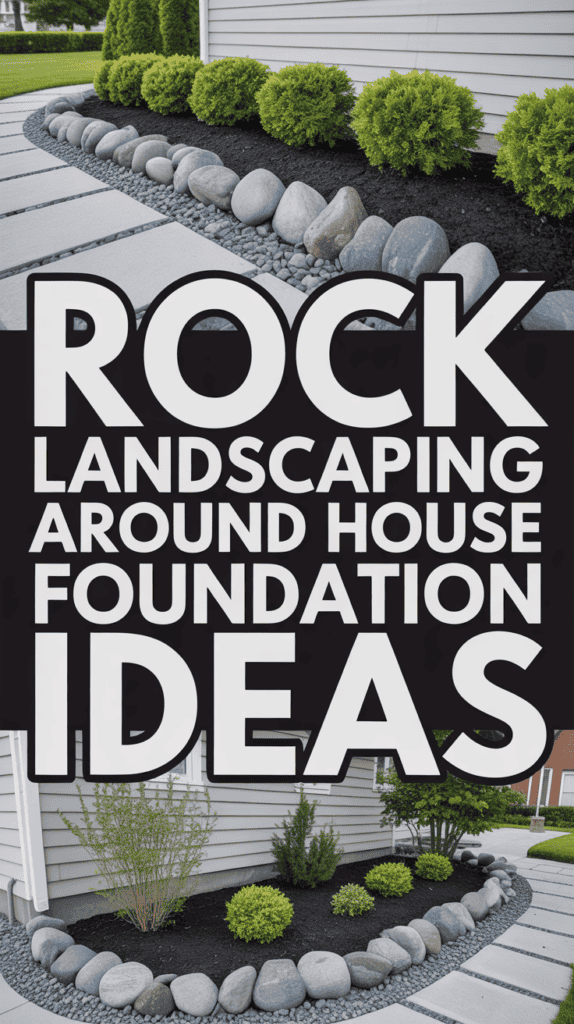 A neat rock landscaping design around a house foundation with shrubs and text reading "Rock Landscaping Around House Foundation Ideas".