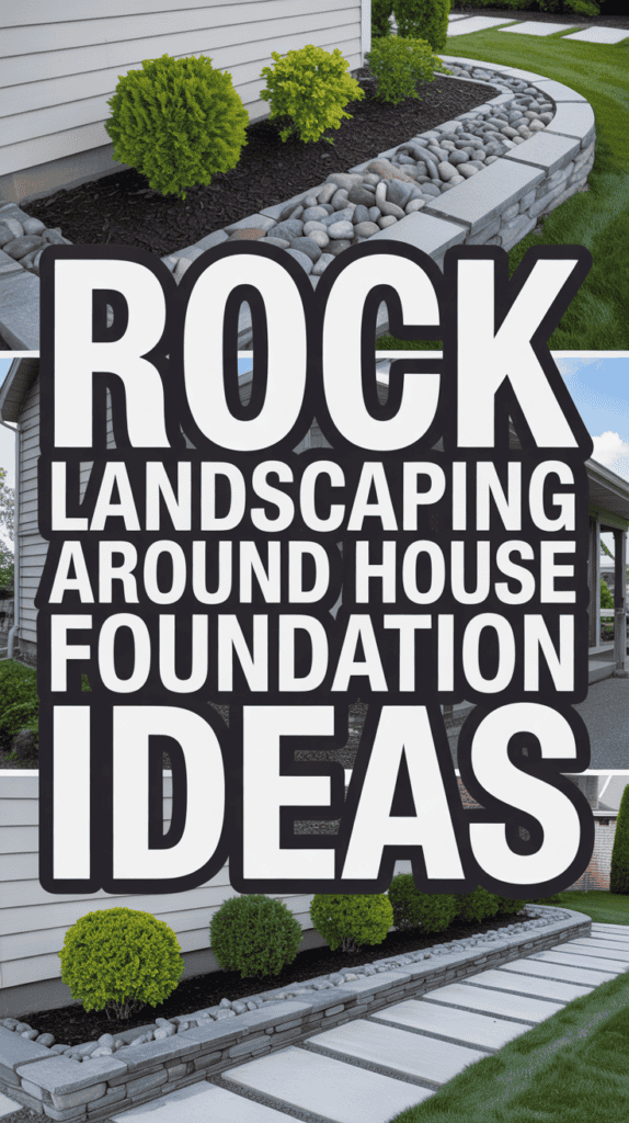 Rock landscaping ideas with neatly arranged stones and shrubs around a house foundation.