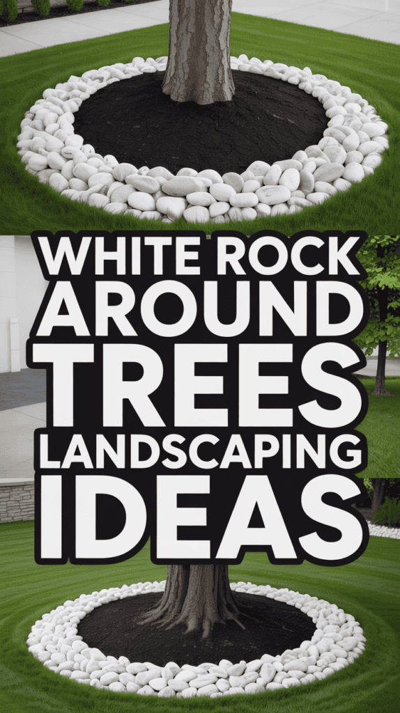 Tree surrounded by white rocks on manicured grass, featuring text saying "White Rock Around Trees Landscaping Ideas."