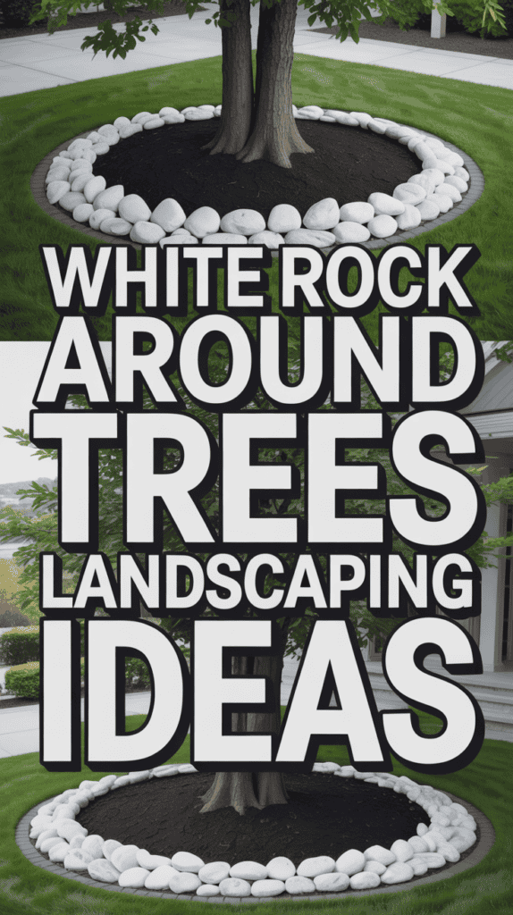 White rocks arranged around tree bases in a landscaped garden, featuring lush grass and a modern setting.