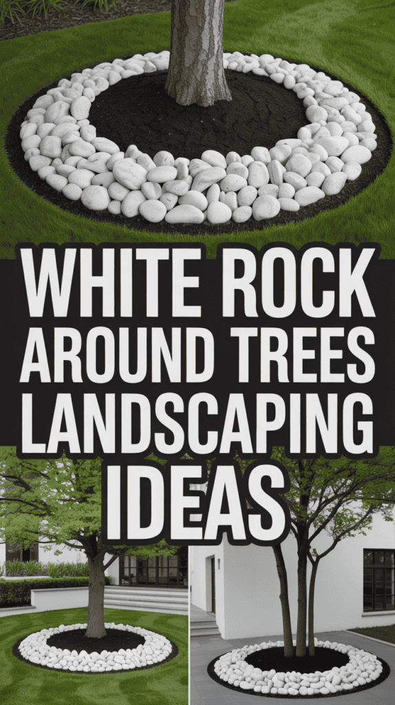 Tree trunk surrounded by white rocks forming a circular border set in a garden.