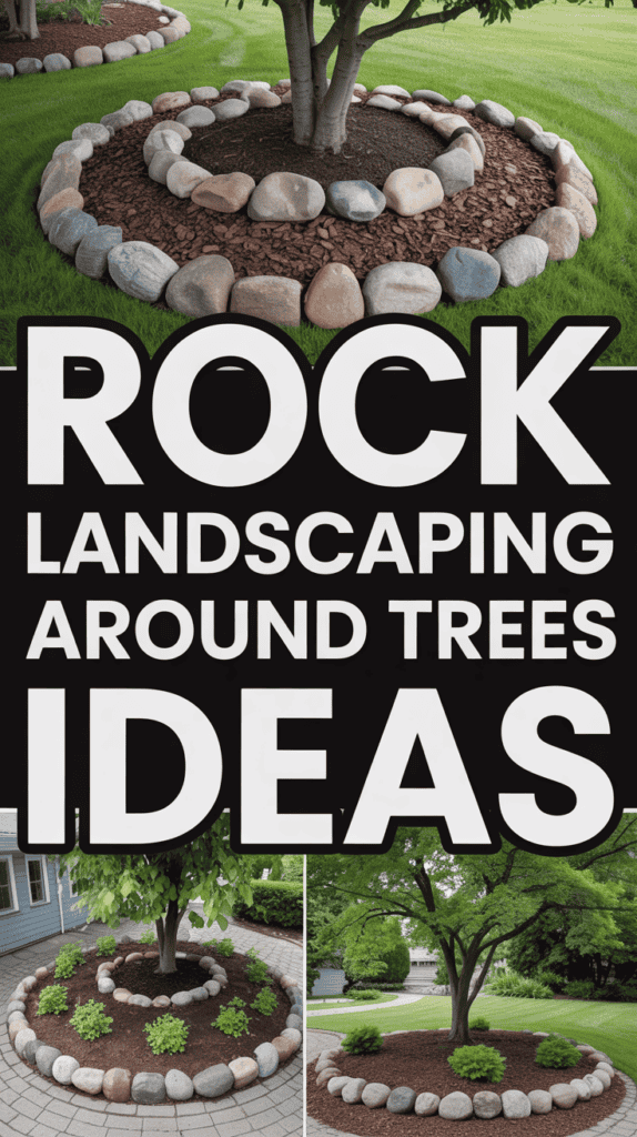 Rock landscaping ideas for trees with circular stone borders and mulch covering.