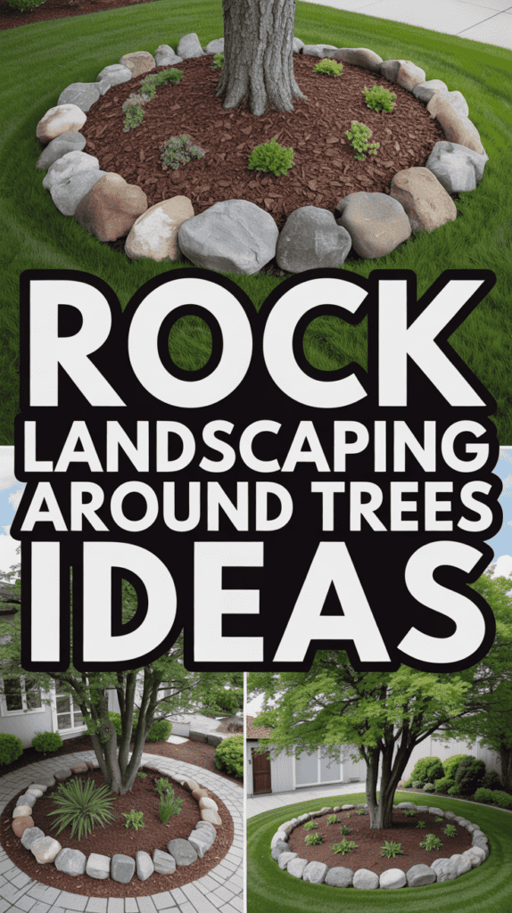 Collage of rock landscaping around trees with mulch and various plants, featuring bold text: "Rock Landscaping Around Trees Ideas."