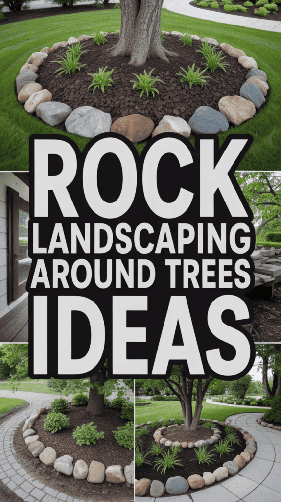 Collage of rock landscaping ideas around trees with various plant arrangements and stone borders.