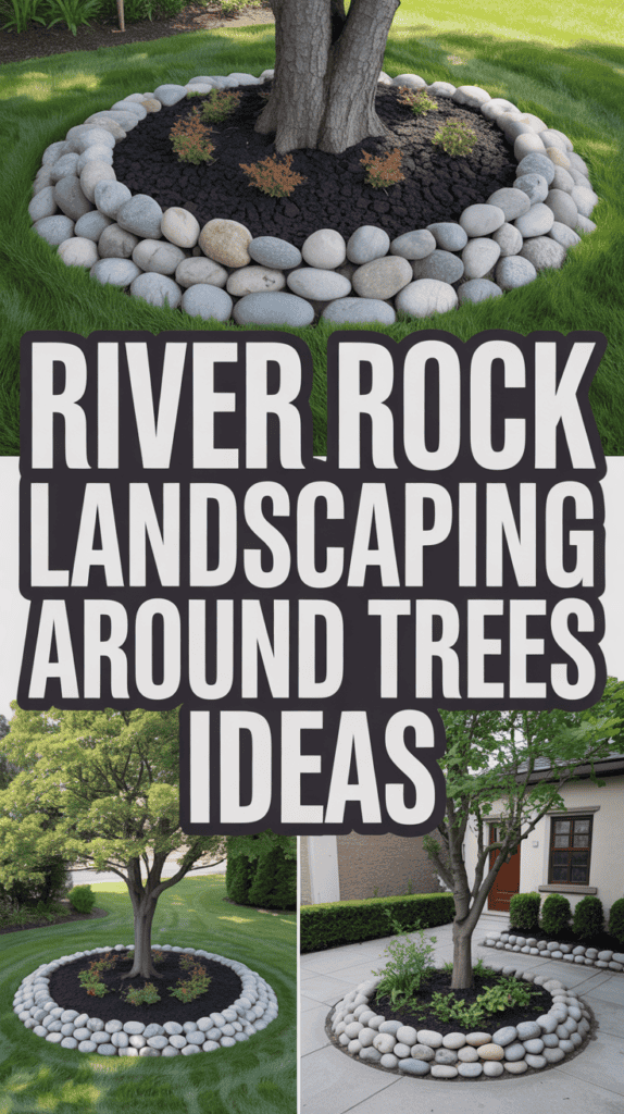 Collage of tree bases surrounded by river rocks with text overlay: "River Rock Landscaping Around Trees Ideas".